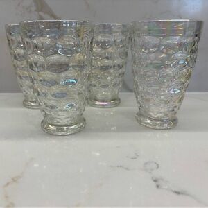 4 Vintage Federal Glass Yorktown Thumbprint Footed Iridescent Glass Tumblers 5”